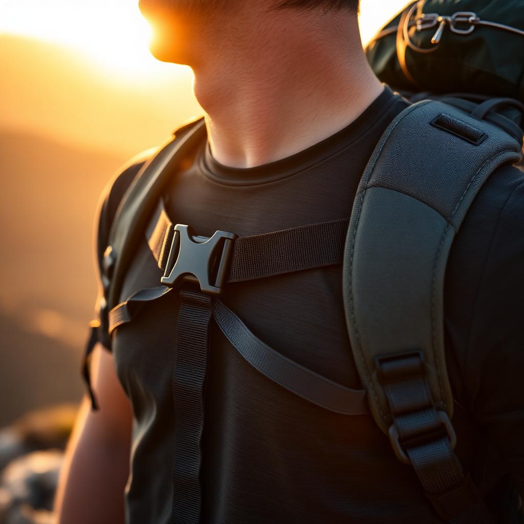 Black backpack chest strap harness with quick-release buckle worn by hiker