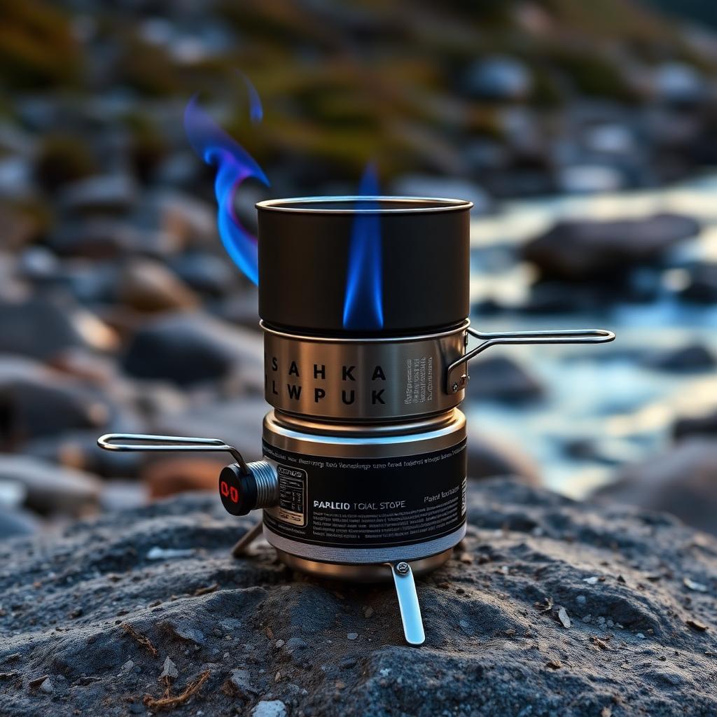 Compact aluminum backpacking stove system with blue flame beside a mountain stream