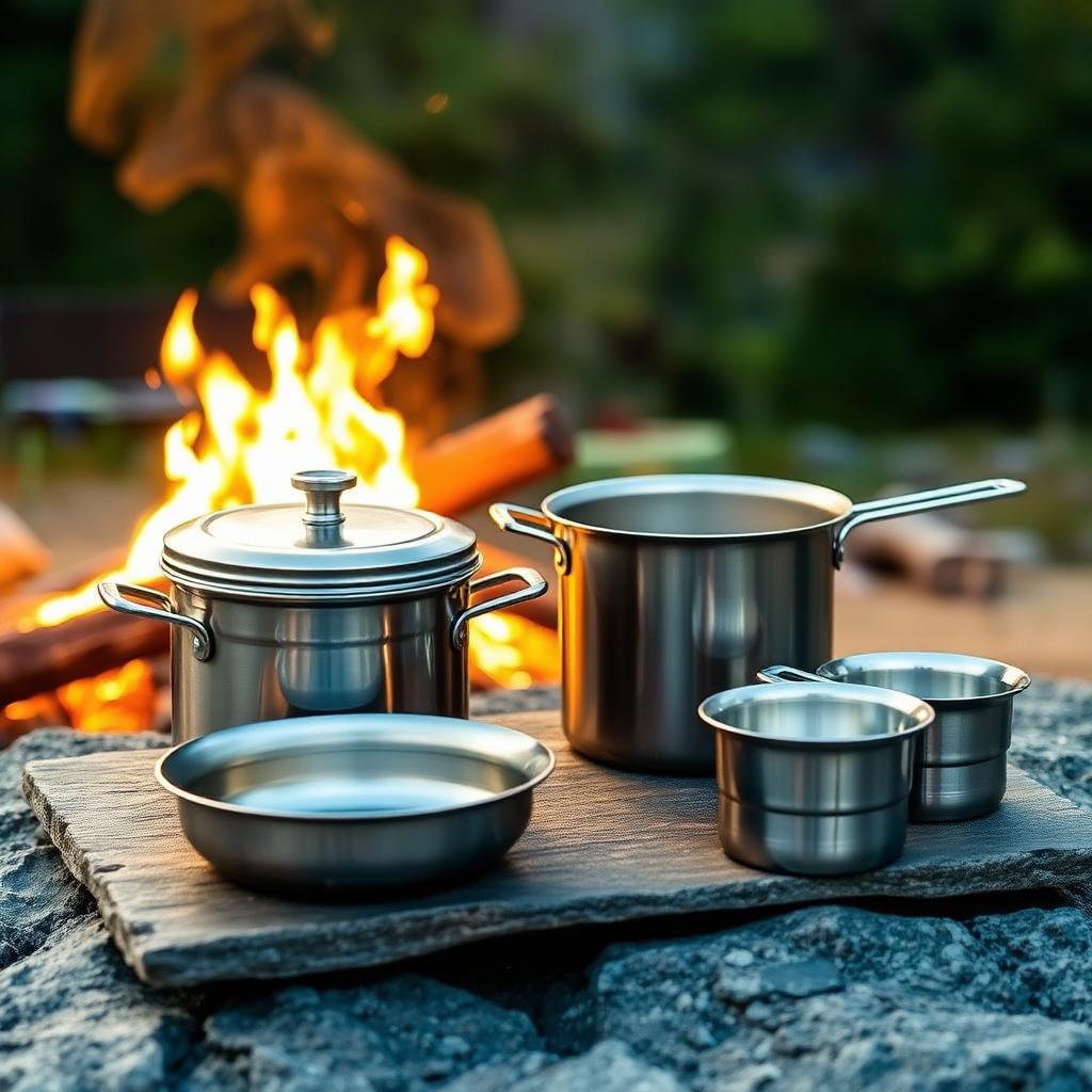 Foldable aluminum camp cookware set arranged on granite slab beside campfire