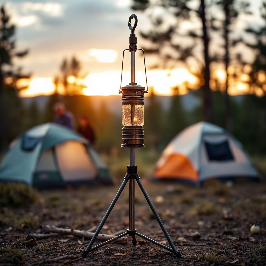 Telescoping aluminum camp lantern stand with tripod base at golden hour campsite