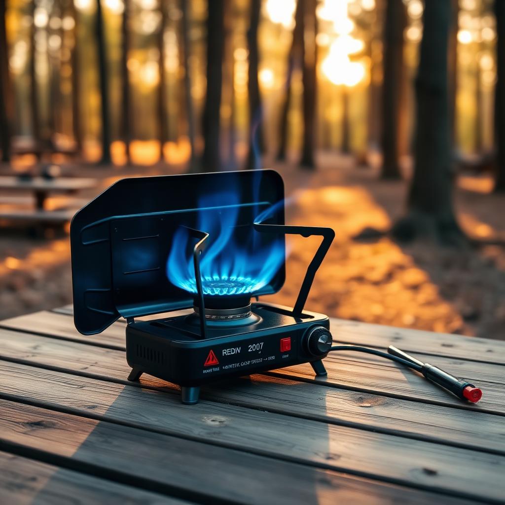 Black cassette gas stove with blue flame on wooden camp table at sunset