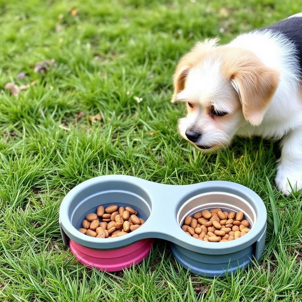 Foldable dual silicone pet bowl with food on grass next to small dog