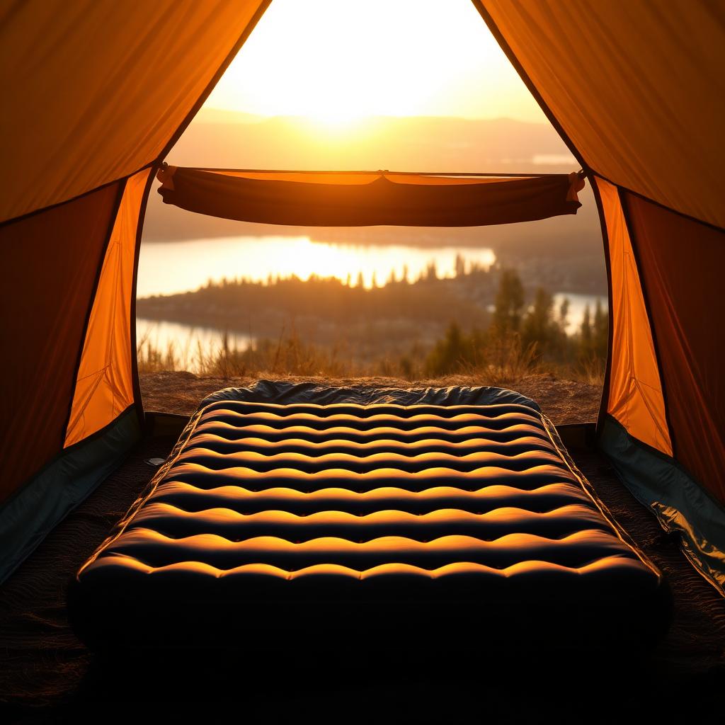 Double inflatable sleeping pad in tent with lake view at sunrise