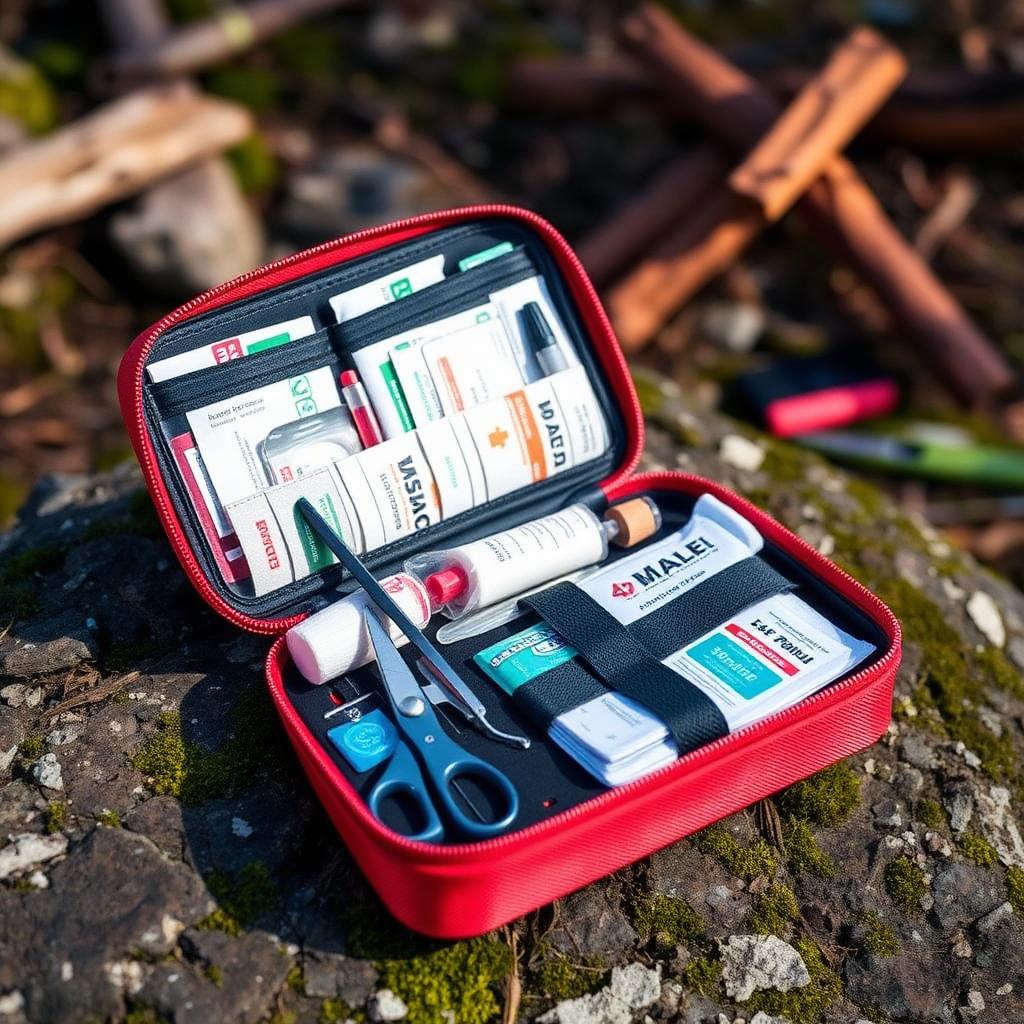 Open first aid kit with bandages and supplies on a hiking backpack