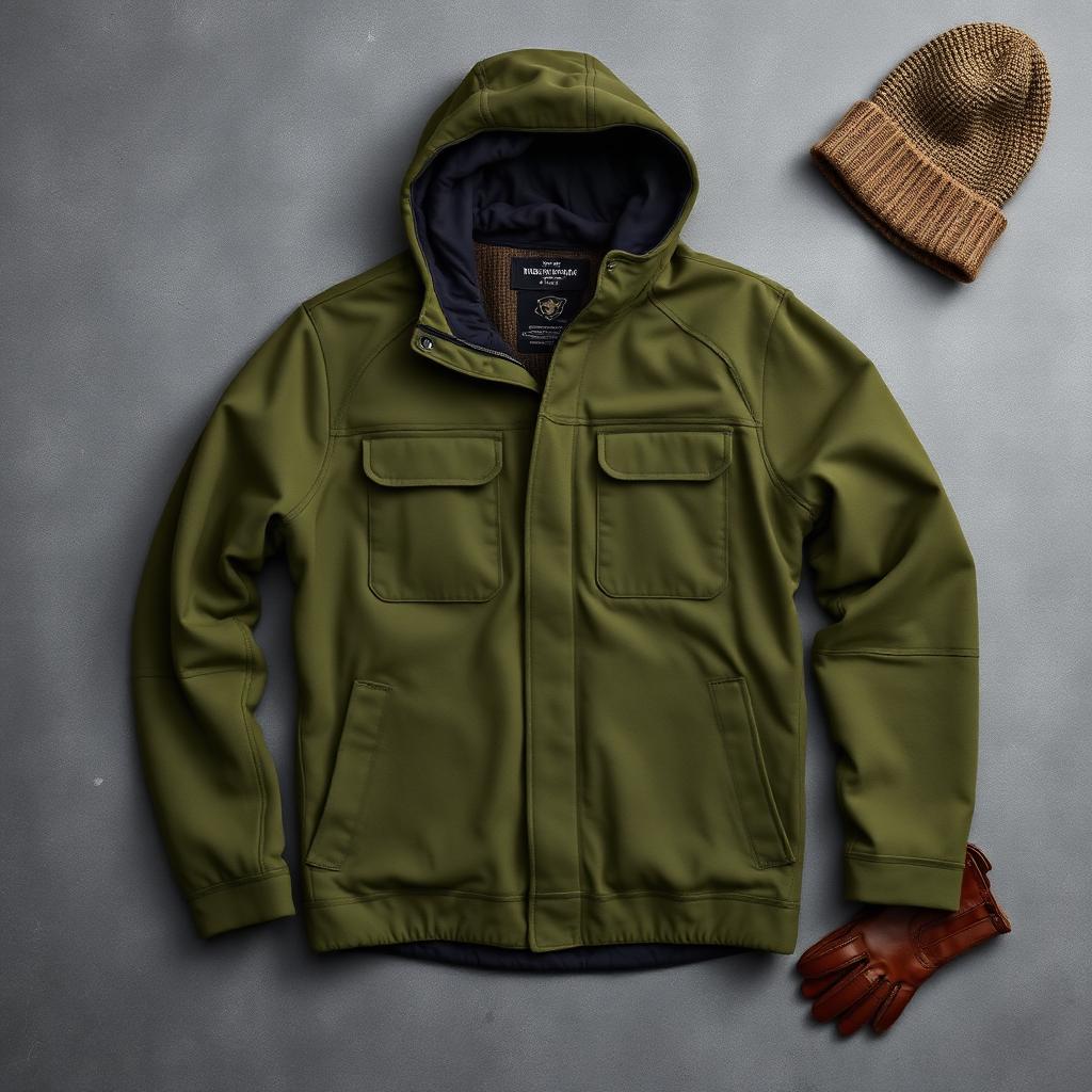 Olive green polar fleece tactical jacket with hood flat lay with beanie and gloves