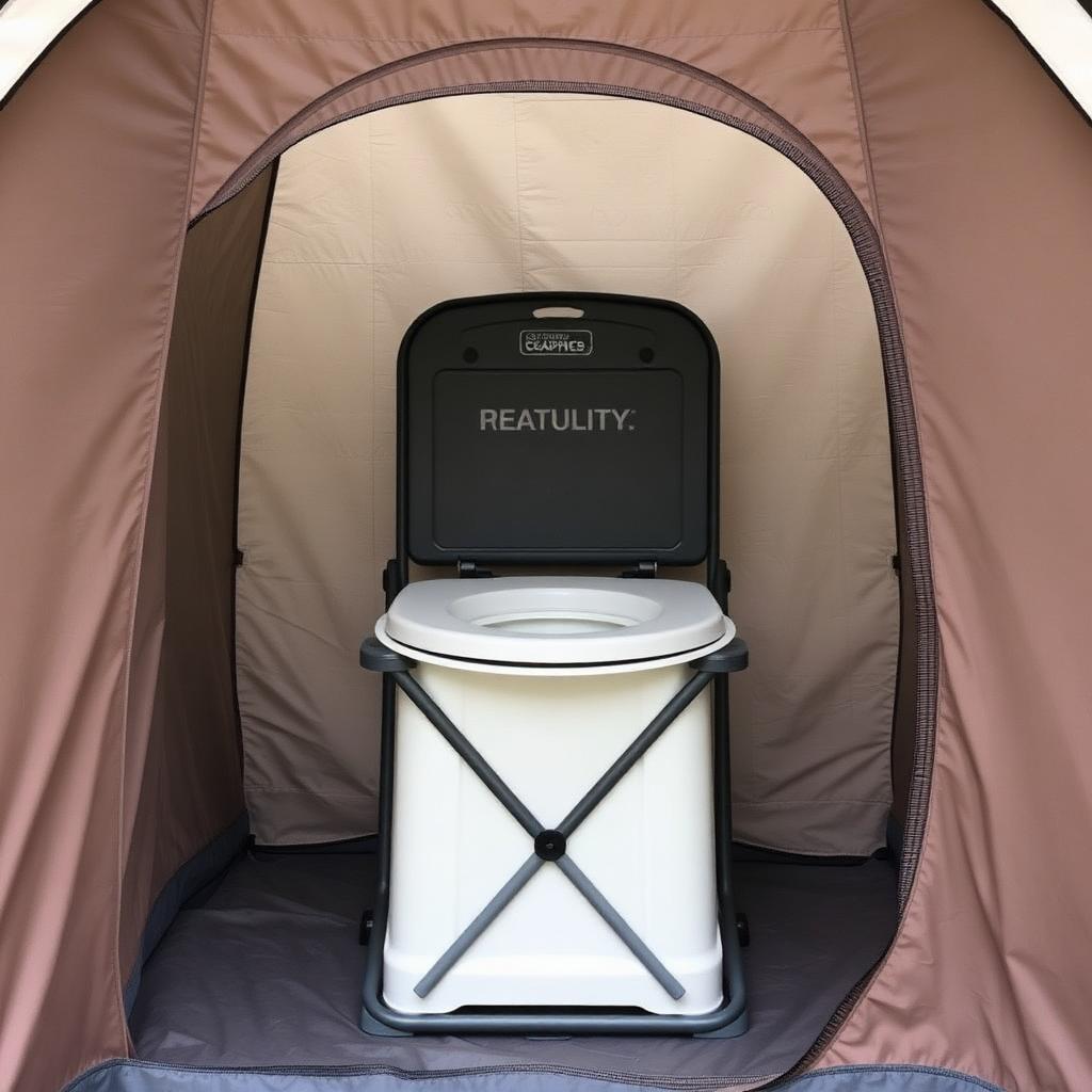 Folding portable camping toilet inside a privacy tent