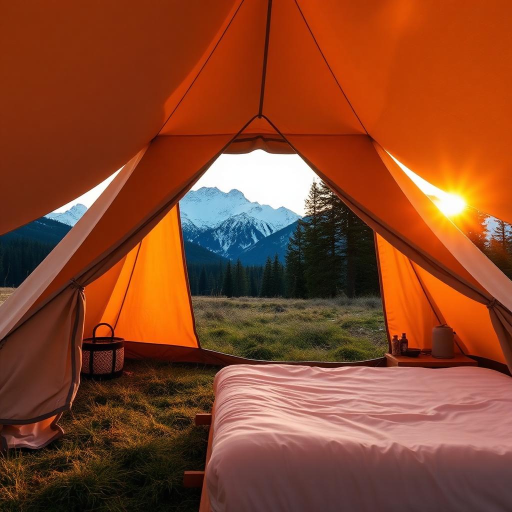 Luxurious glamping tent in mountain meadow at golden hour