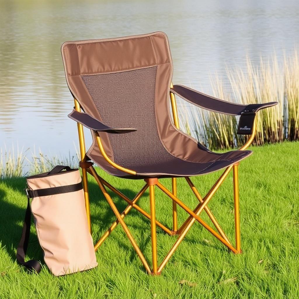 Golden aluminum alloy folding camping chair with carry bag on grass by lake