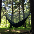 Camping hammock with mosquito net hanging between pine trees in forest