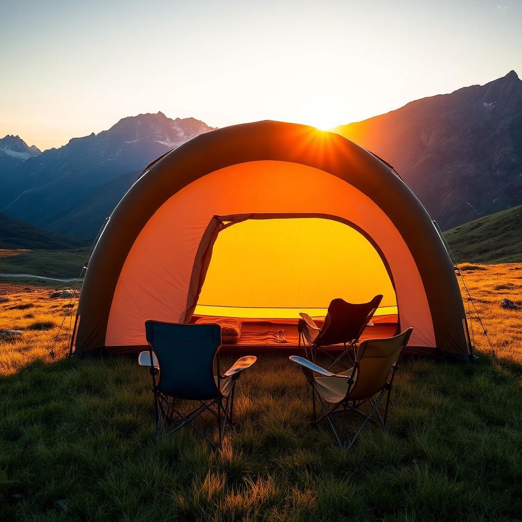 Family inflatable tunnel tent in alpine meadow at sunset