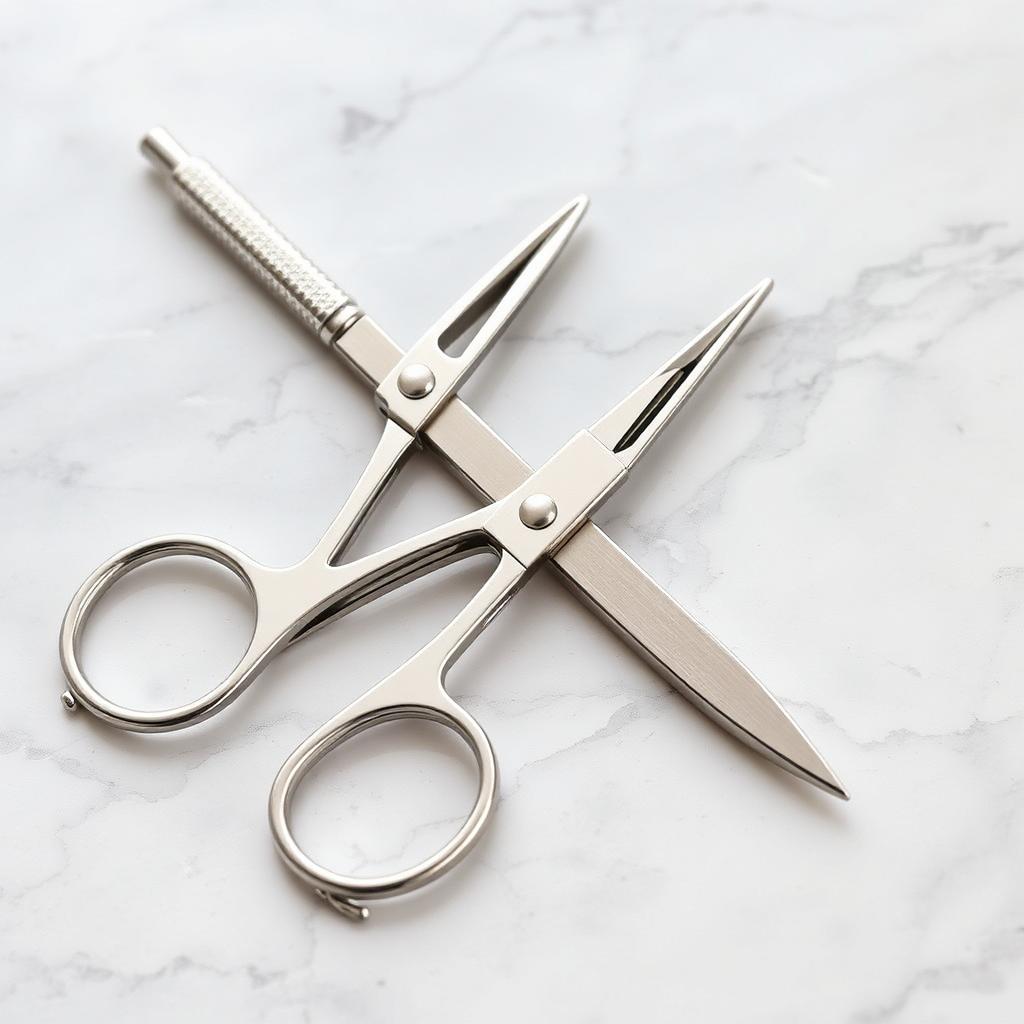Stainless steel nail scissors manicure set on marble surface