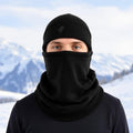 Black thermal fleece neck warmer balaclava on snowy mountain background