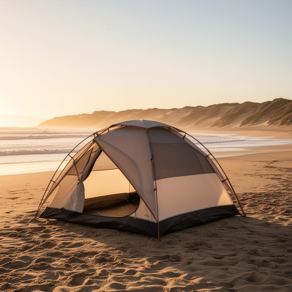 4-person beach shade tent on warm sand at golden hour