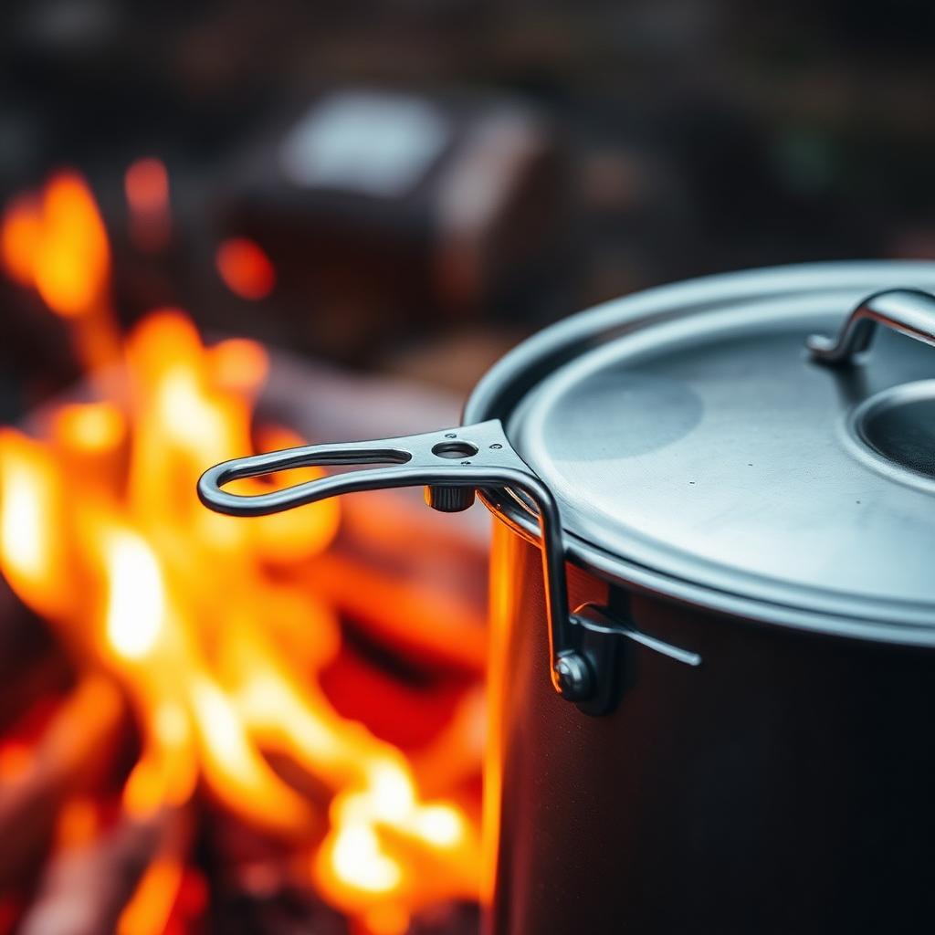 Stainless steel pot gripper handle clamp over a camp stove