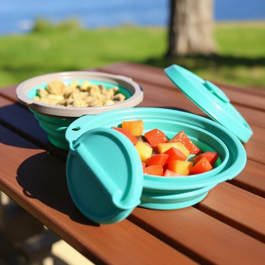 Collapsible silicone food bowls with lids on wooden picnic table