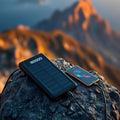 Solar power bank charging a phone on a mountain summit at golden hour