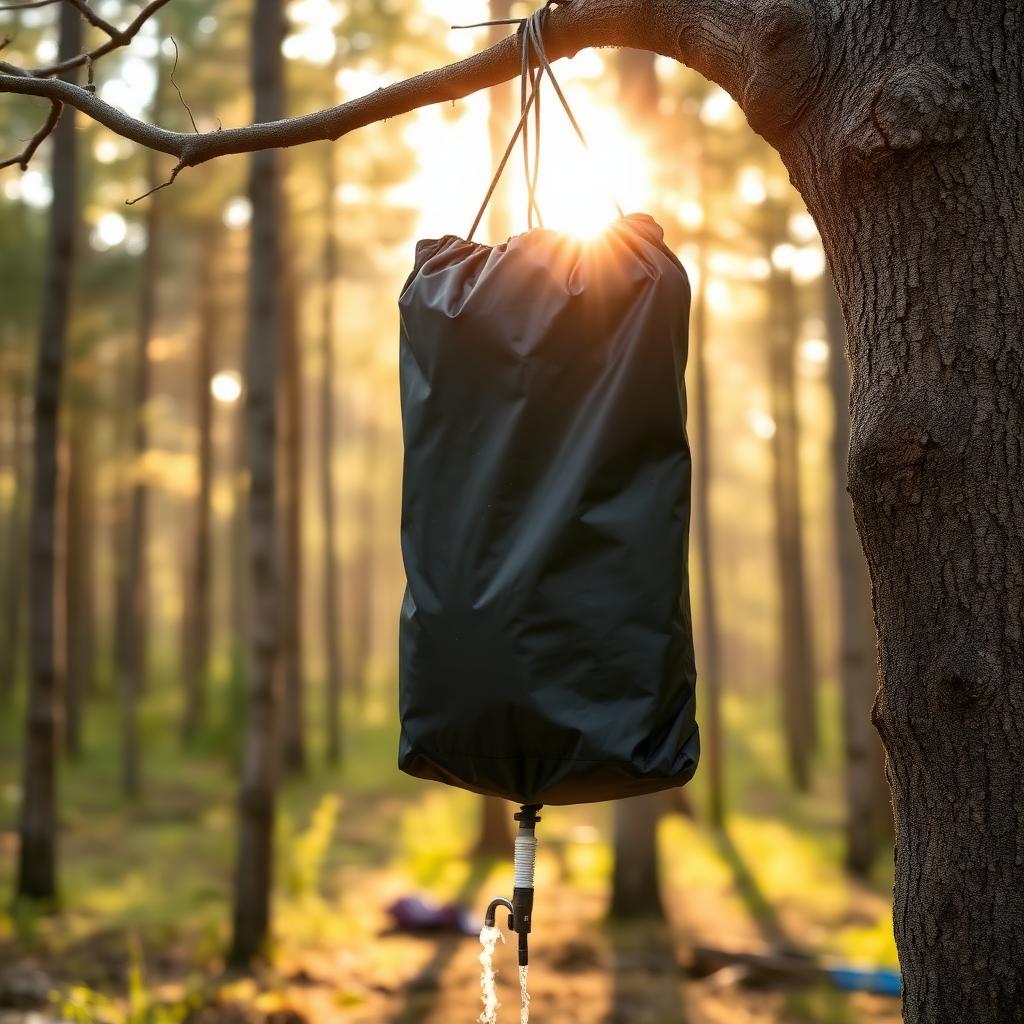 Black 20L solar shower bag hanging from tree branch in forest campsite