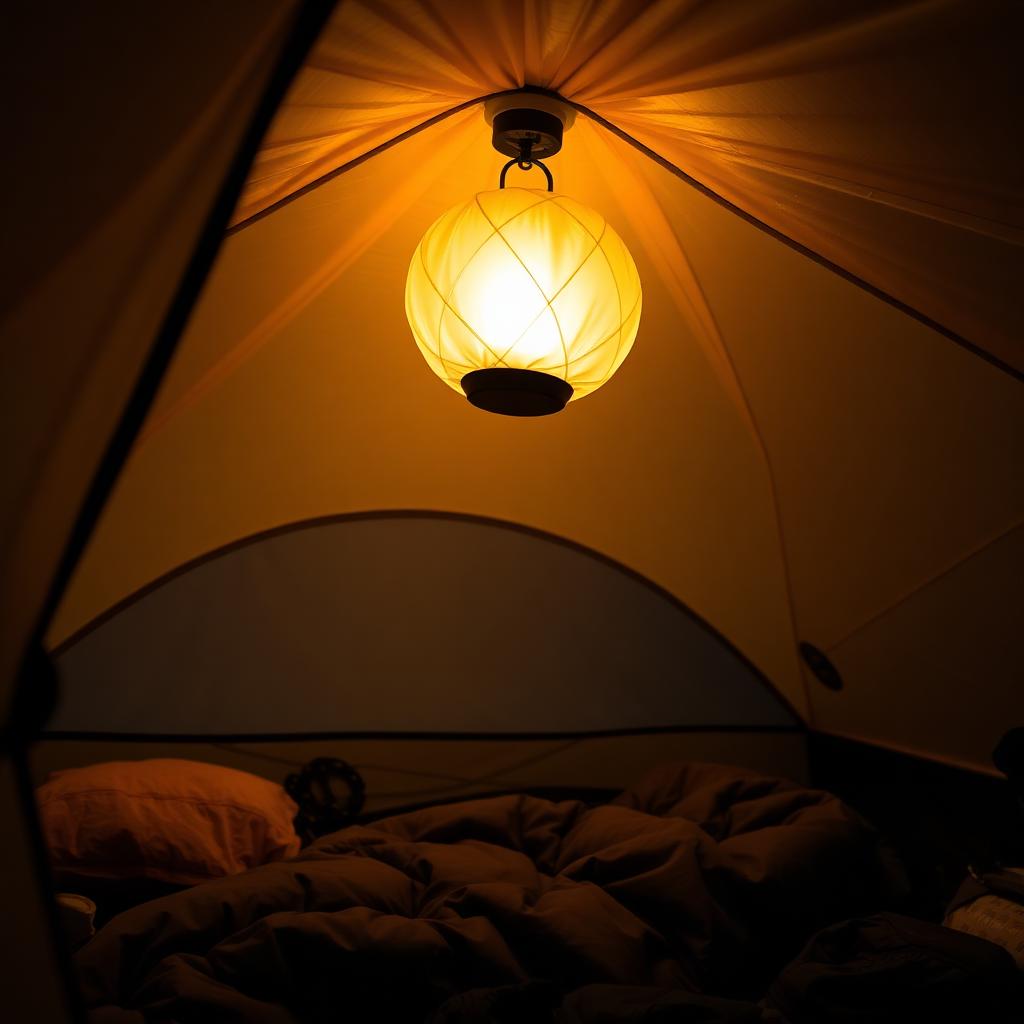 Solar tent lamp glowing warm inside a tent at night with sleeping bag below