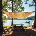UV sunshade awning over picnic table at lakeside campsite
