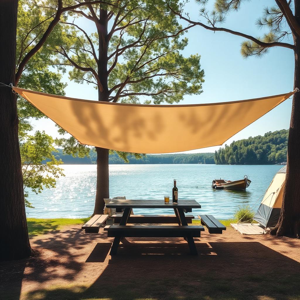 UV sunshade awning over picnic table at lakeside campsite