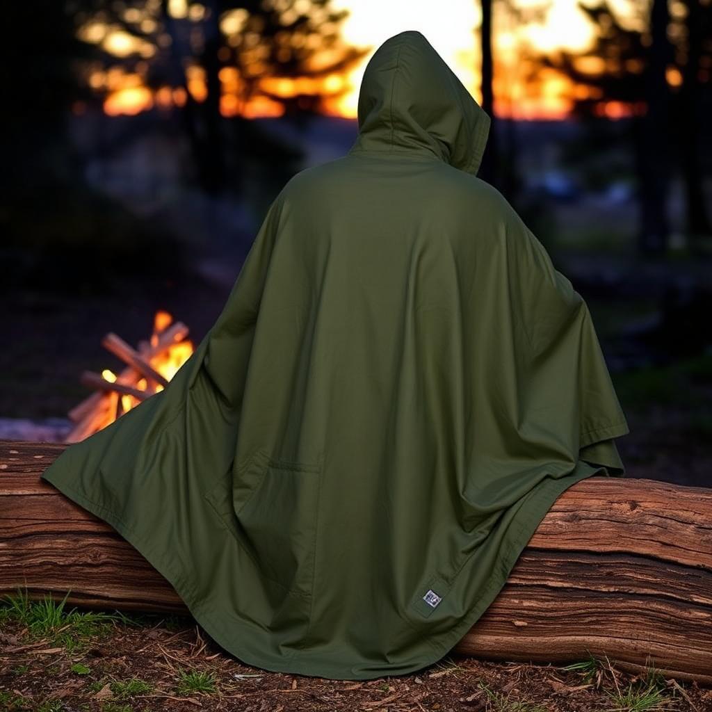 Hooded tactical poncho camping blanket draped on log near campfire at dusk
