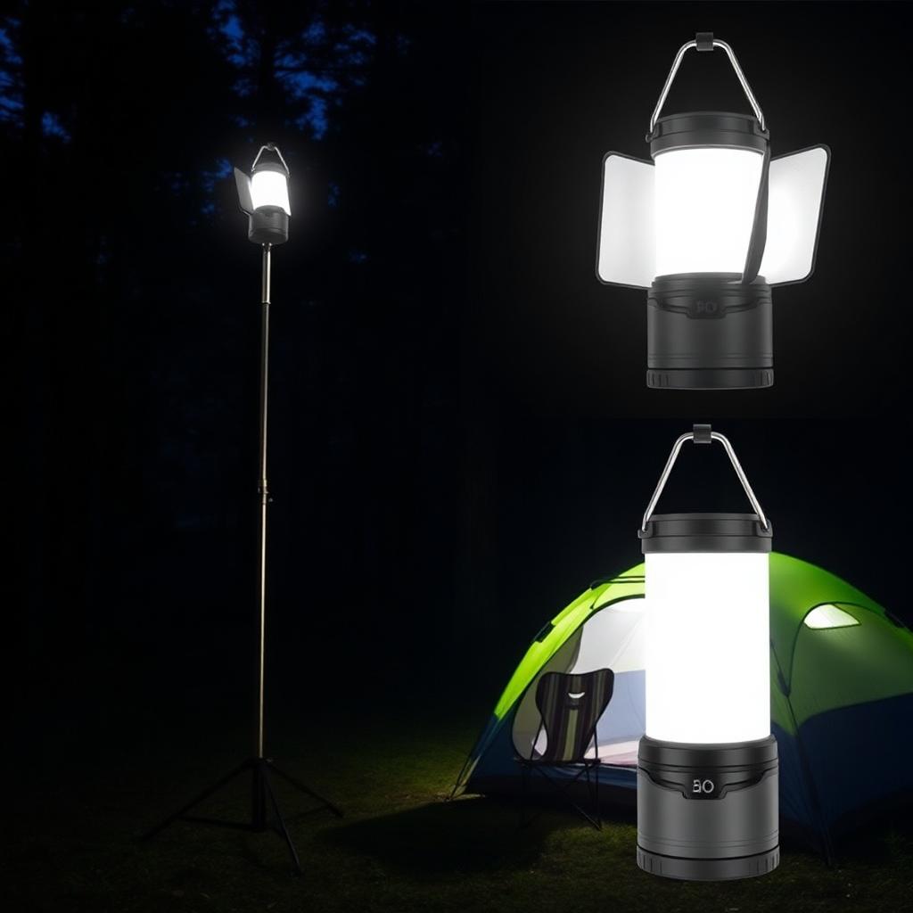 Telescopic LED camping lantern on extended pole illuminating a campsite at night