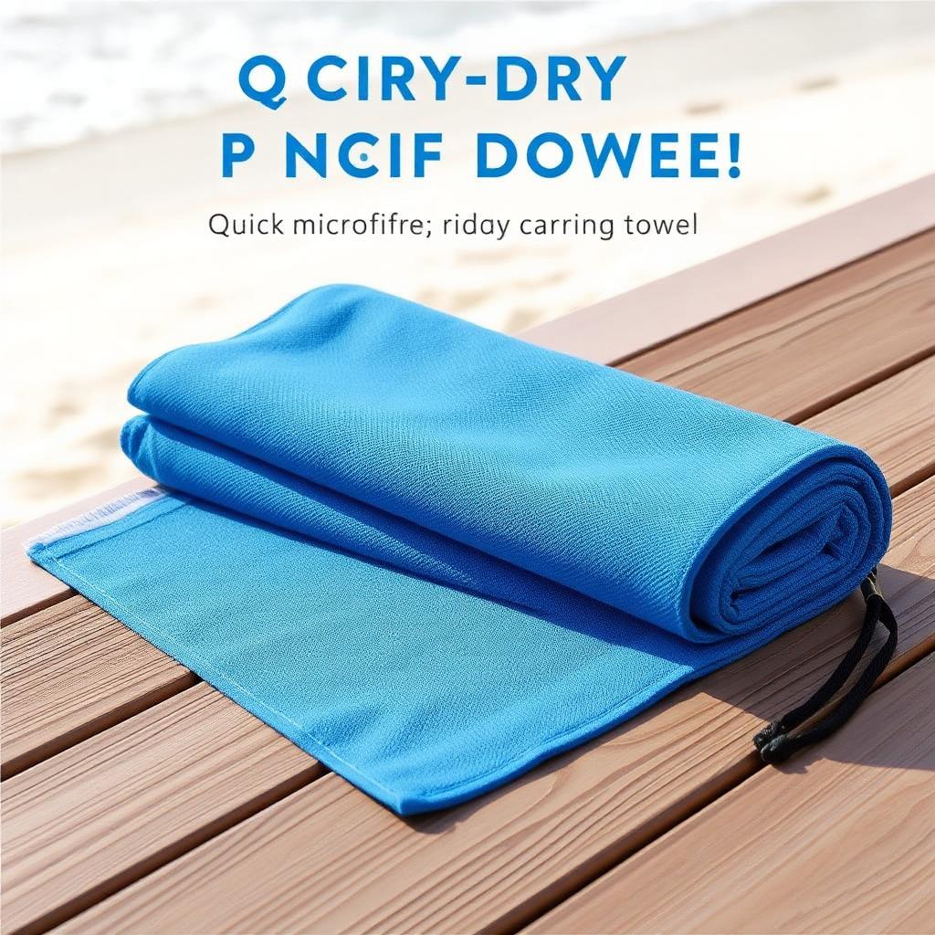 Quick-drying microfiber travel towel folded with mesh pouch on wooden deck