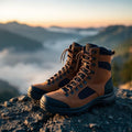 Tan suede and black mesh men's tactical trekking boots on a rocky ledge at dawn