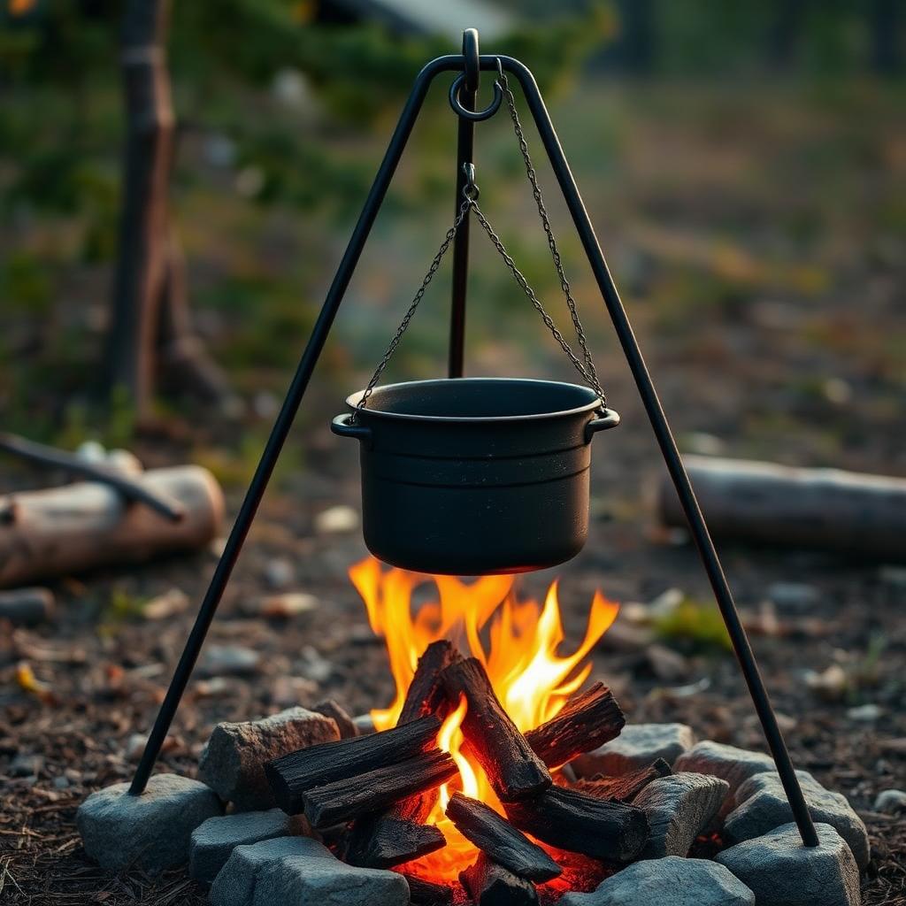 Tripod pot rack over a campfire with hanging cookware