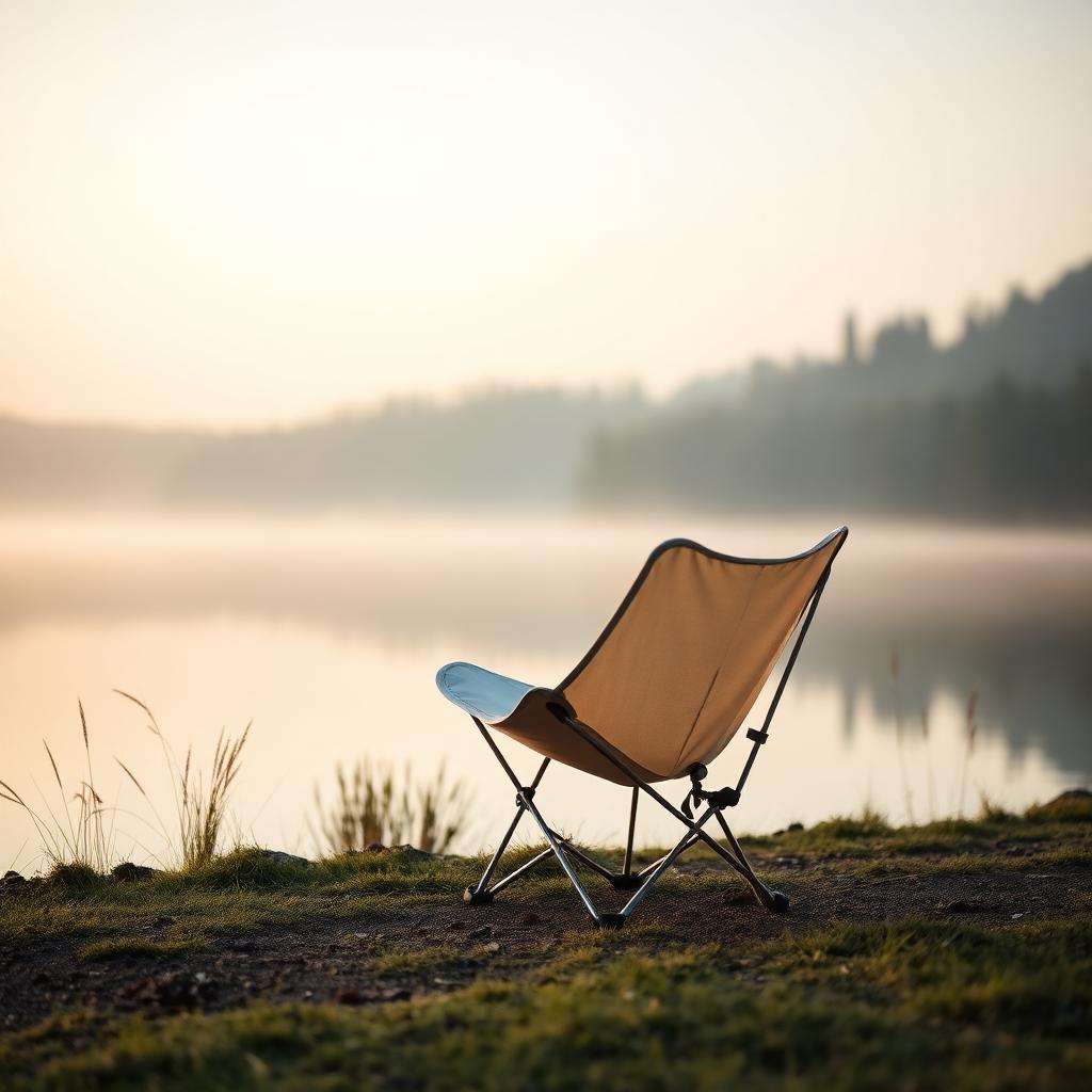 Ultra-light folding camp chair beside a misty lake at dawn