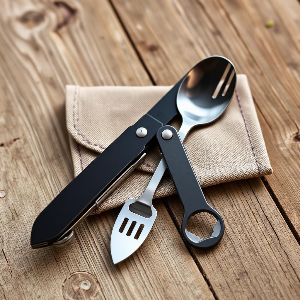 5-in-1 stainless steel camping utensils set with fork knife spoon