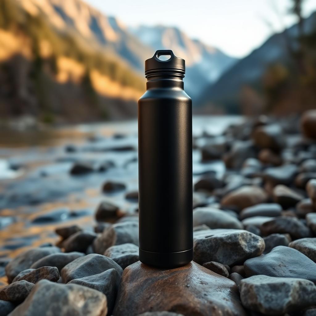 Matte black 700ml stainless steel water bottle on river stones beside a mountain stream