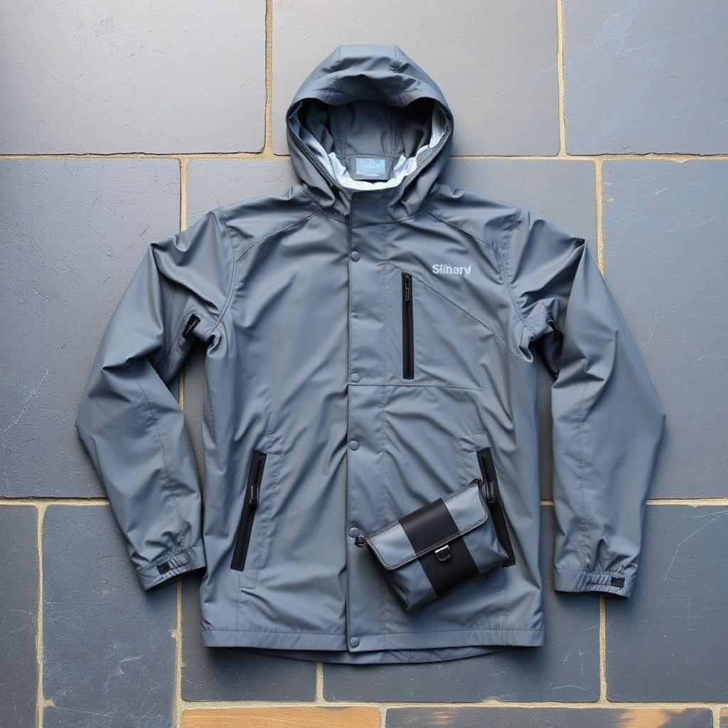 Lightweight waterproof hooded windbreaker hiking jacket laid flat with pouch