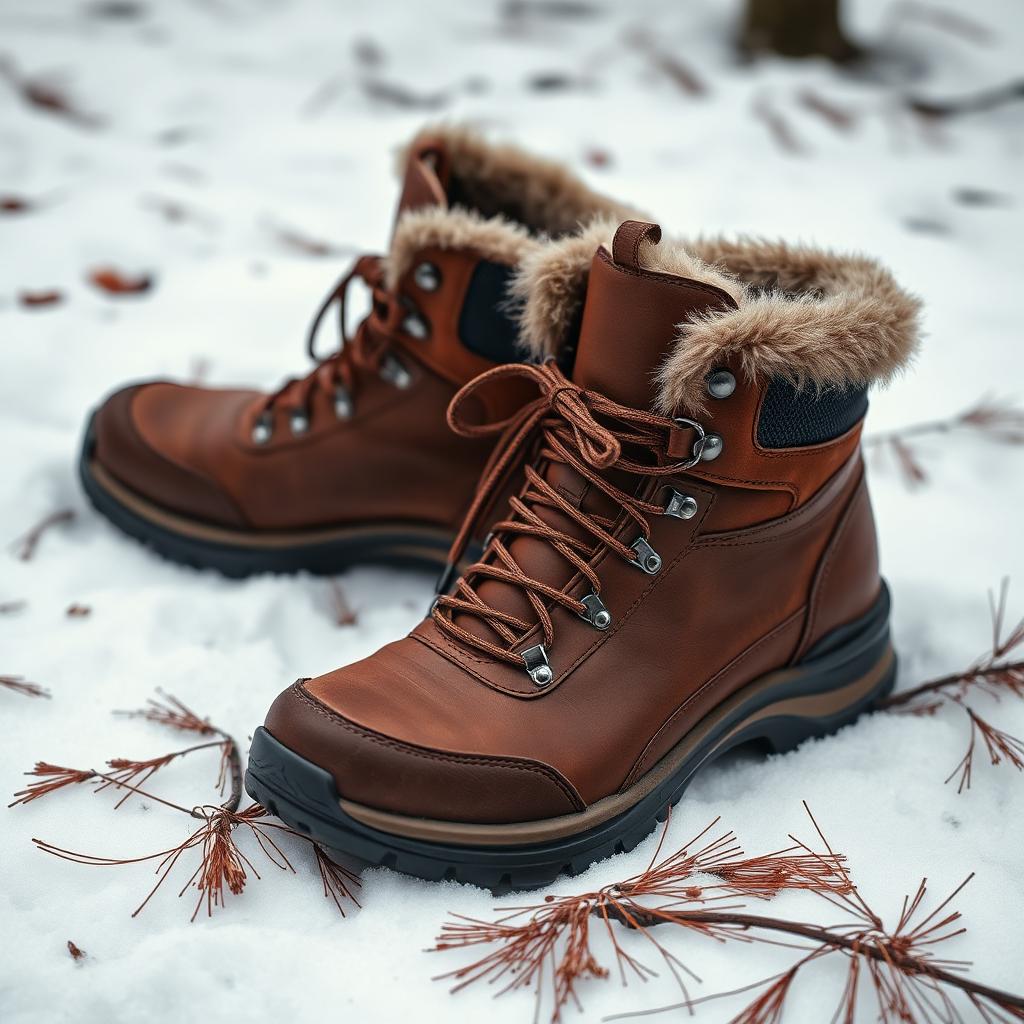 Brown leather waterproof winter hiking boots with fur-lined cuffs on snow