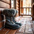 Women's gray plush-lined snow boots with faux fur cuff on a snowy cabin porch